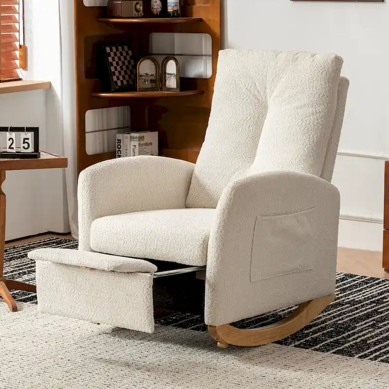 Beige Modern 35.8 High Back Rocking Chair with Footrest and Wood Legs