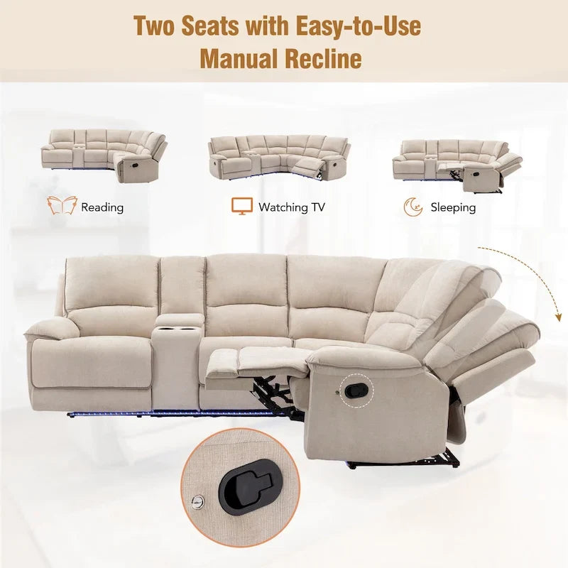 Ensemble de mobilier de salon inclinable manuel moderne 94,8 avec ports USB, rangement caché, bande lumineuse LED et 2 porte-gobelets, crème