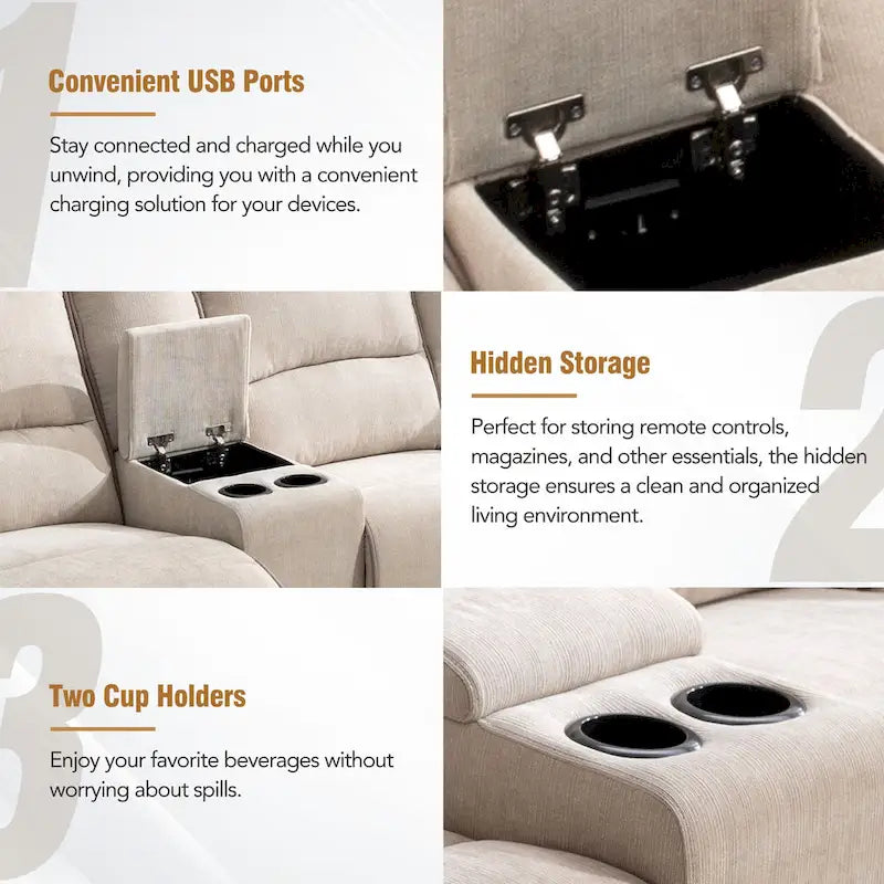 Ensemble de mobilier de salon inclinable manuel moderne 94,8 avec ports USB, rangement caché, bande lumineuse LED et 2 porte-gobelets, crème