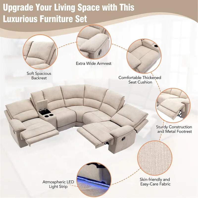 Ensemble de mobilier de salon inclinable manuel moderne 94,8 avec ports USB, rangement caché, bande lumineuse LED et 2 porte-gobelets, crème