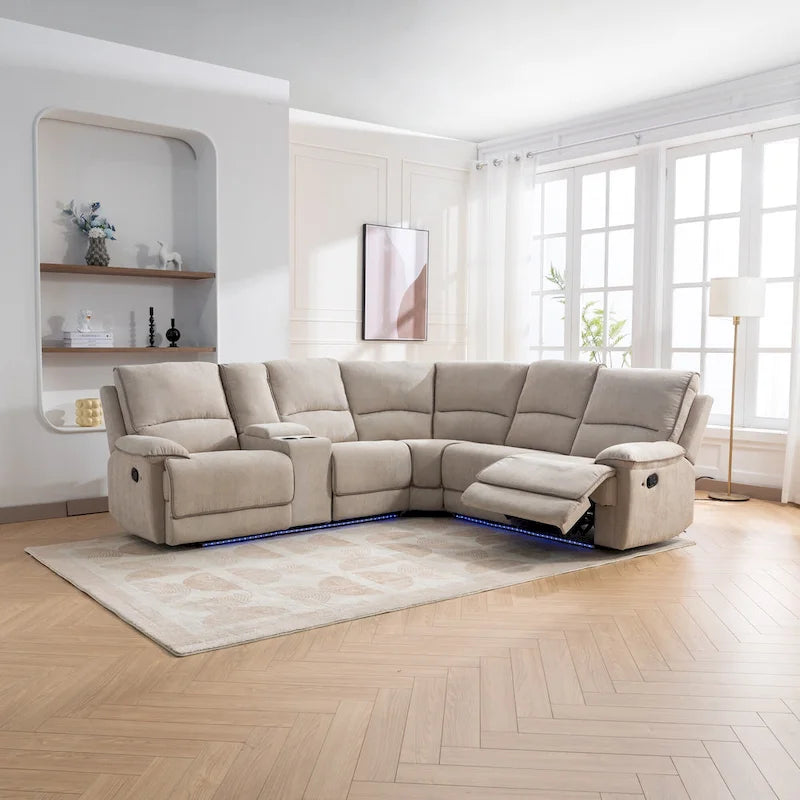 Ensemble de mobilier de salon inclinable manuel moderne 94,8 avec ports USB, rangement caché, bande lumineuse LED et 2 porte-gobelets, crème