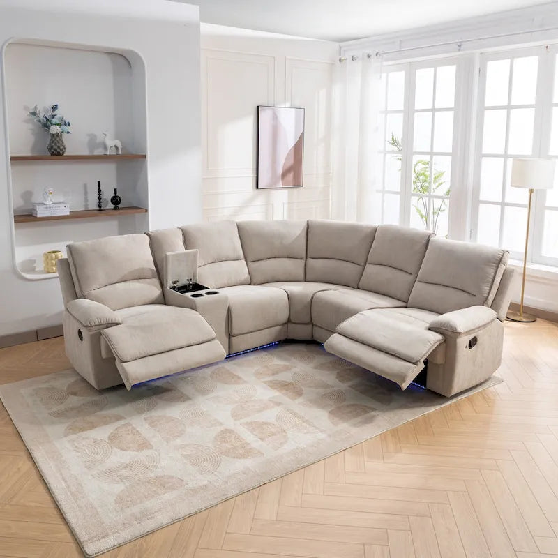 Ensemble de mobilier de salon inclinable manuel moderne 94,8 avec ports USB, rangement caché, bande lumineuse LED et 2 porte-gobelets, crème