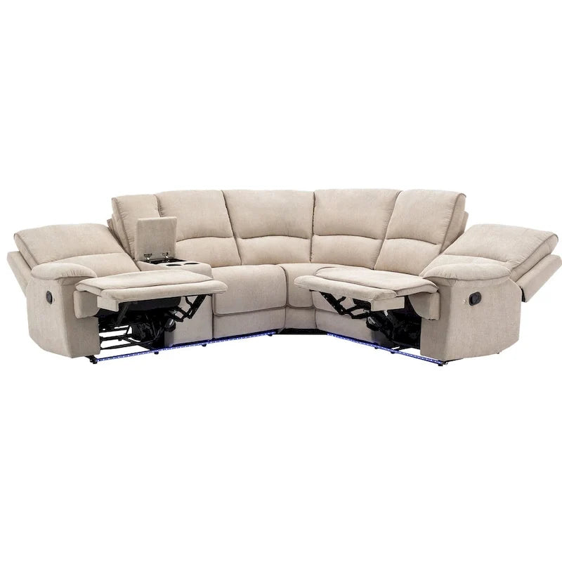 Ensemble de mobilier de salon inclinable manuel moderne 94,8 avec ports USB, rangement caché, bande lumineuse LED et 2 porte-gobelets, crème