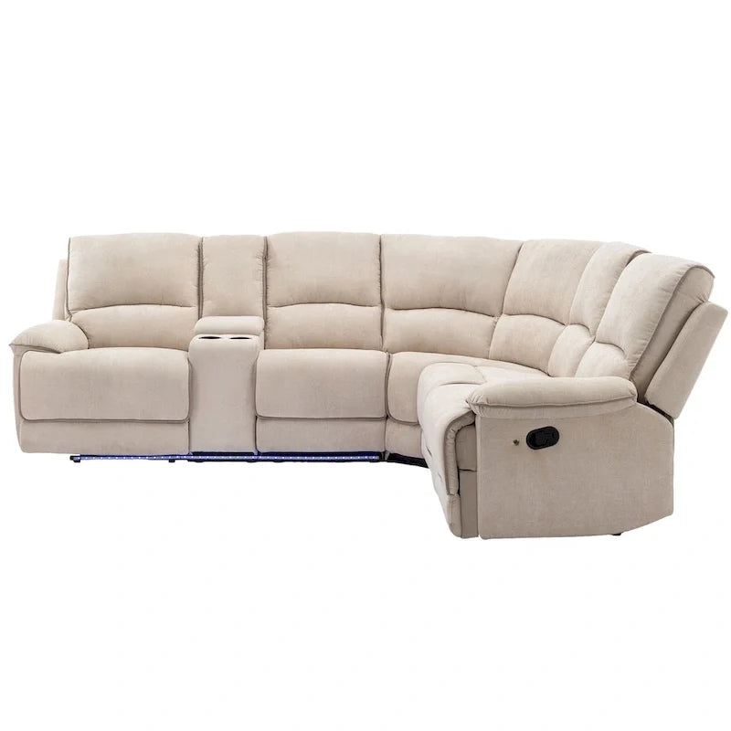 Ensemble de mobilier de salon inclinable manuel moderne 94,8 avec ports USB, rangement caché, bande lumineuse LED et 2 porte-gobelets, crème