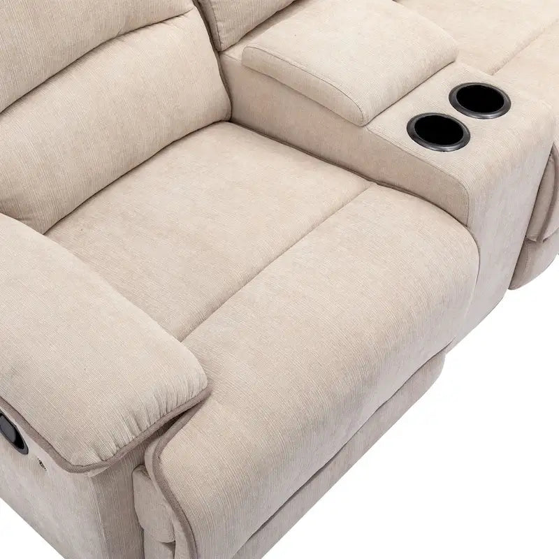 Ensemble de mobilier de salon inclinable manuel moderne 94,8 avec ports USB, rangement caché, bande lumineuse LED et 2 porte-gobelets, crème