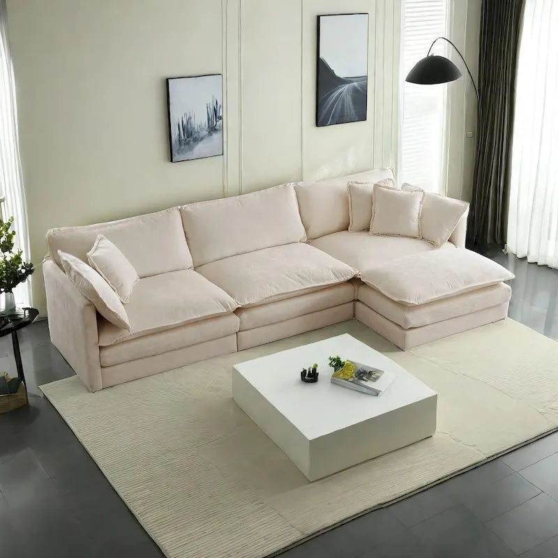 Canapé sectionnel d'angle 4 pièces modulaire en chenille avec pouf