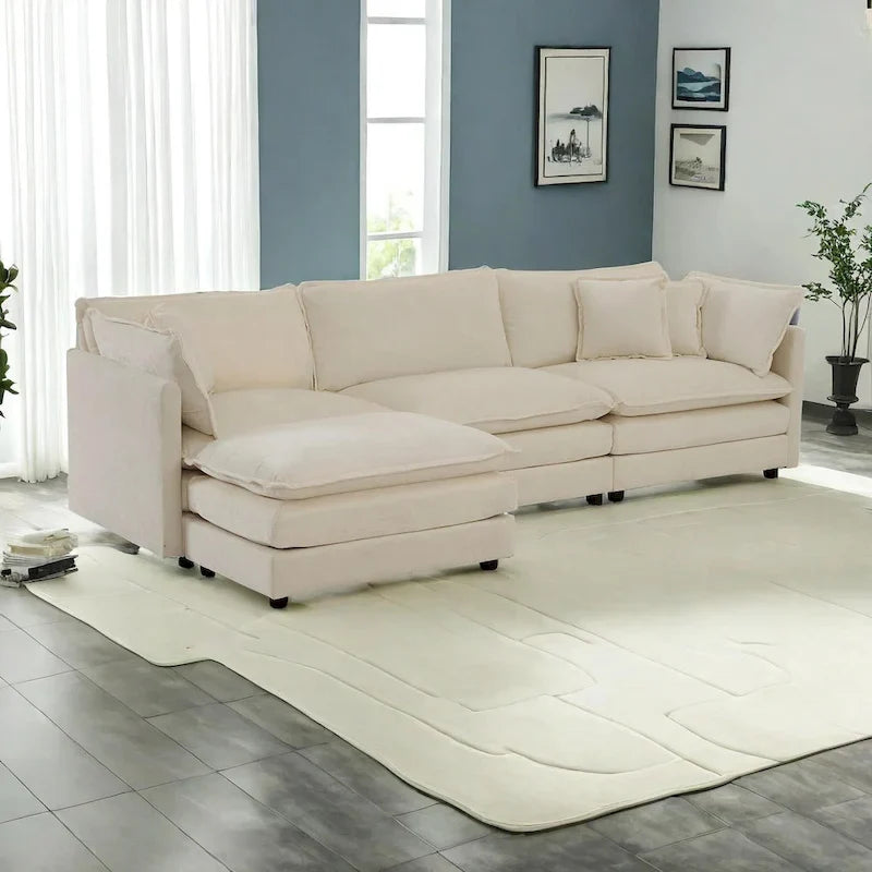Canapé sectionnel d'angle 4 pièces modulaire en chenille avec pouf