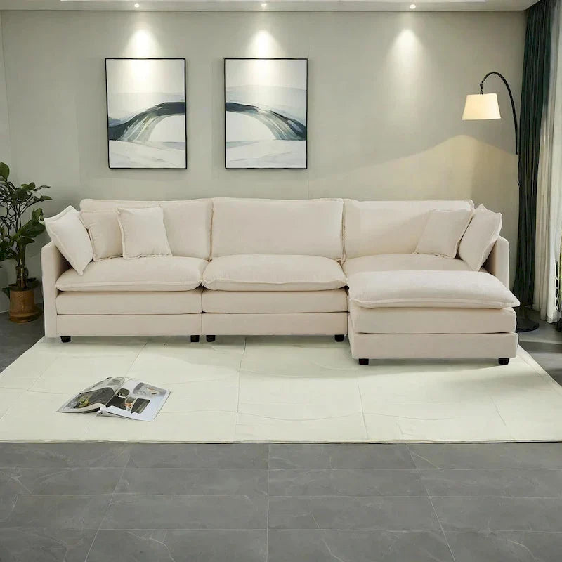 Canapé sectionnel d'angle 4 pièces modulaire en chenille avec pouf