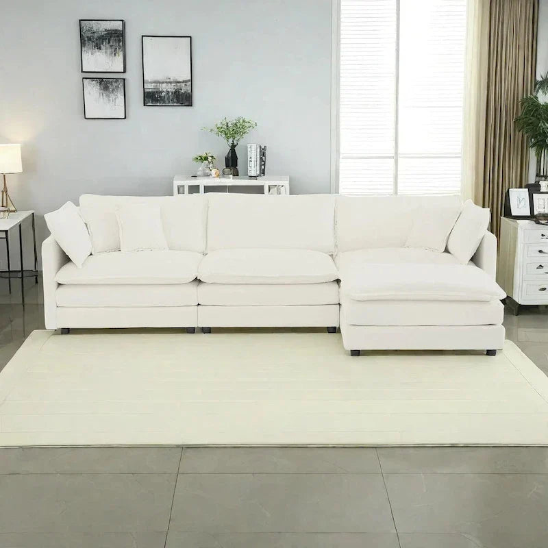 Canapé sectionnel d'angle 4 pièces modulaire en chenille avec pouf