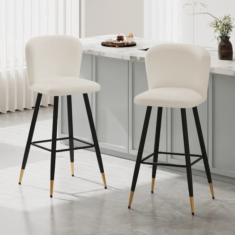 Tabouret de bar moderne Roomfitters 30, assise blanche avec pieds en métal noir et extrémités dorées, chaise de bar contemporaine, blanche