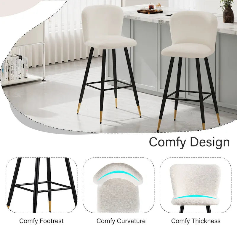 Tabouret de bar moderne Roomfitters 30, assise blanche avec pieds en métal noir et extrémités dorées, chaise de bar contemporaine, blanche