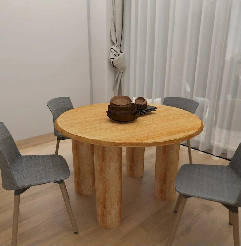 Dining Table, 48 Inch Round Top, Mango Wood Natural Brown, 4 Column Pillar Legs
