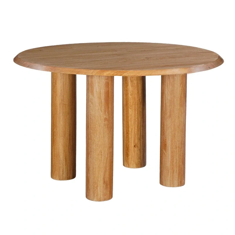Table de salle à manger, plateau rond de 48 pouces, bois de manguier marron naturel, pieds à 4 colonnes.