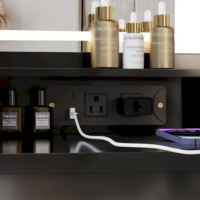 Coiffeuse avec miroir LED tactile, table de maquillage avec support pour sèche-cheveux, ensemble coiffeuse avec tabouret rembourré