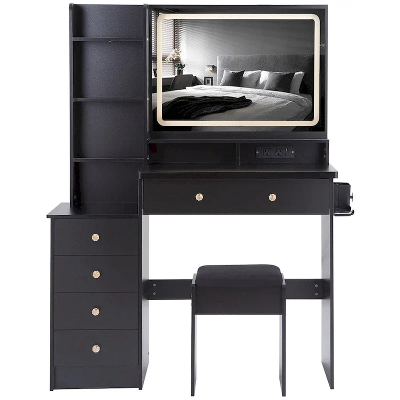 Coiffeuse avec miroir LED tactile, table de maquillage avec support pour sèche-cheveux, ensemble coiffeuse avec tabouret rembourré