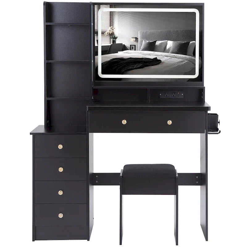 Coiffeuse avec miroir LED tactile, table de maquillage avec support pour sèche-cheveux, ensemble coiffeuse avec tabouret rembourré