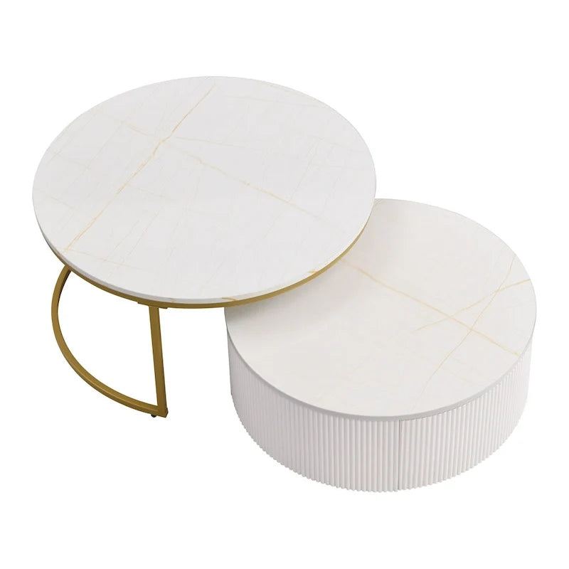Table basse gigogne ronde moderne avec tiroir et base dorée pour le salon