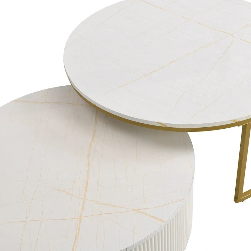 Table basse gigogne ronde moderne avec tiroir et base dorée pour le salon