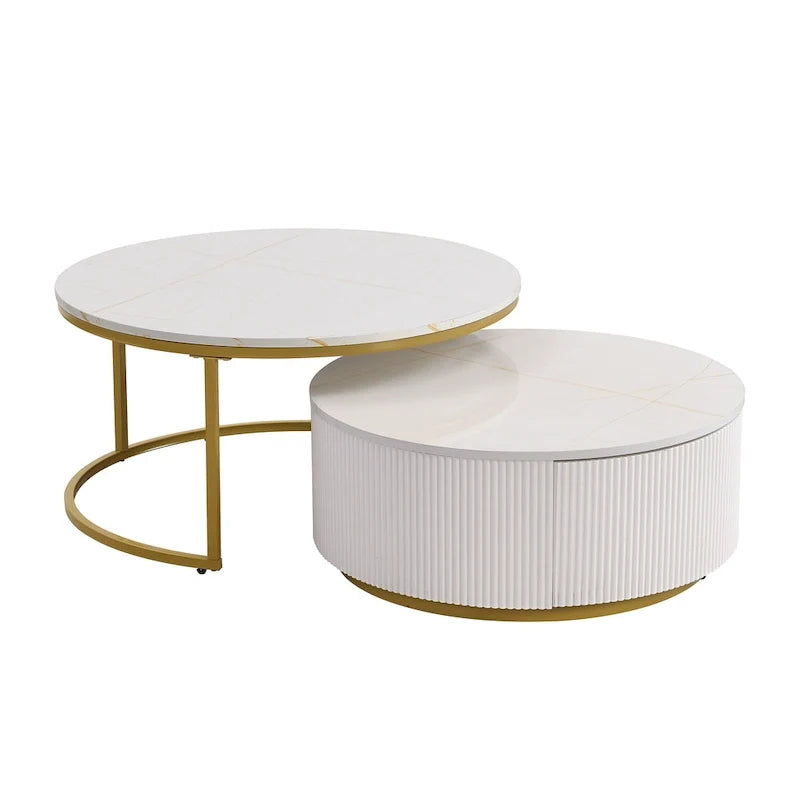 Table basse gigogne ronde moderne avec tiroir et base dorée pour le salon