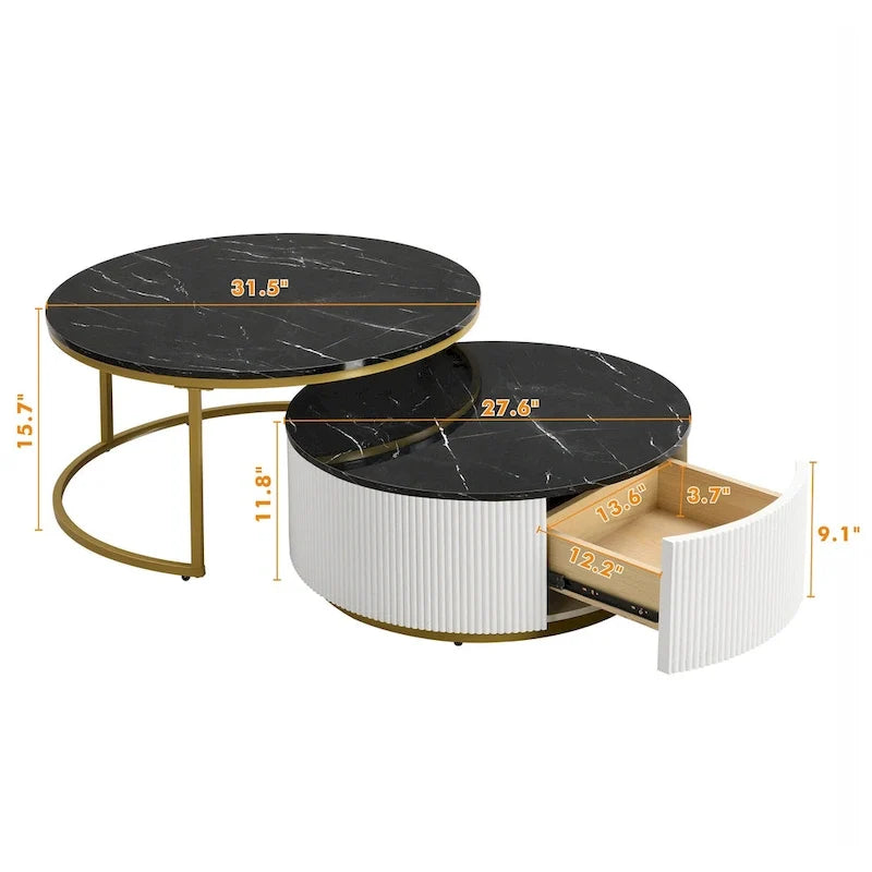 Table basse gigogne ronde moderne avec tiroir et base dorée pour le salon