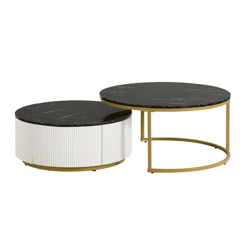 Table basse gigogne ronde moderne avec tiroir et base dorée pour le salon