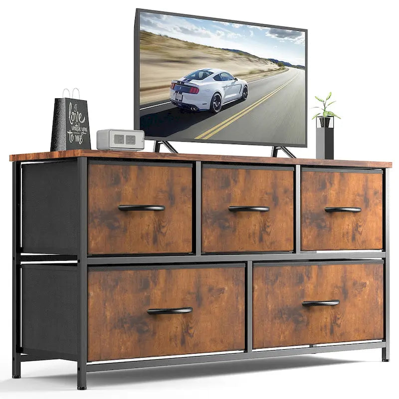 5-Drawer Horizontal Dresser with Metal Handle, Metal Frame and Wood Top for Bedroom