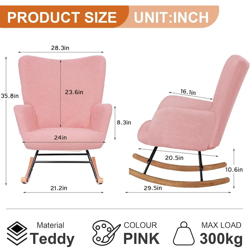 Lot de 2 fauteuils à bascule Teddy rembourrés avec poches de rangement, gris blanc rose