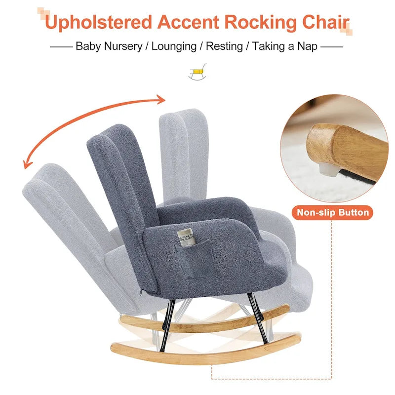 Lot de 2 fauteuils à bascule Teddy rembourrés avec poches de rangement, gris blanc rose