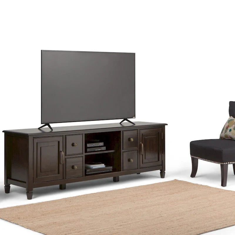 Meuble TV traditionnel en bois massif de 72 pouces pour téléviseurs jusqu'à 80", 72"L x 18"P x 24"H