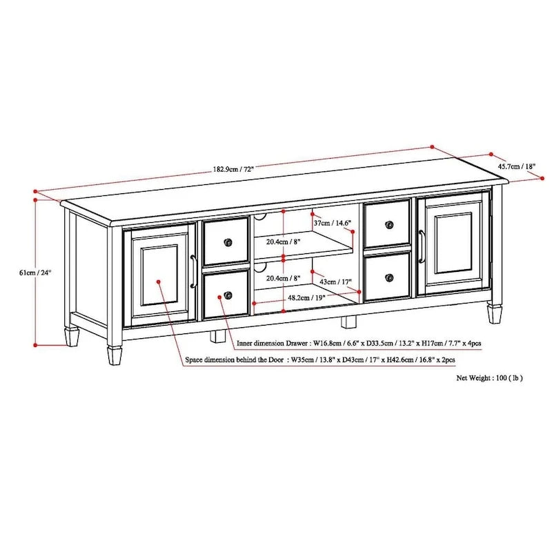 Meuble TV traditionnel en bois massif de 72 pouces pour téléviseurs jusqu'à 80", 72"L x 18"P x 24"H