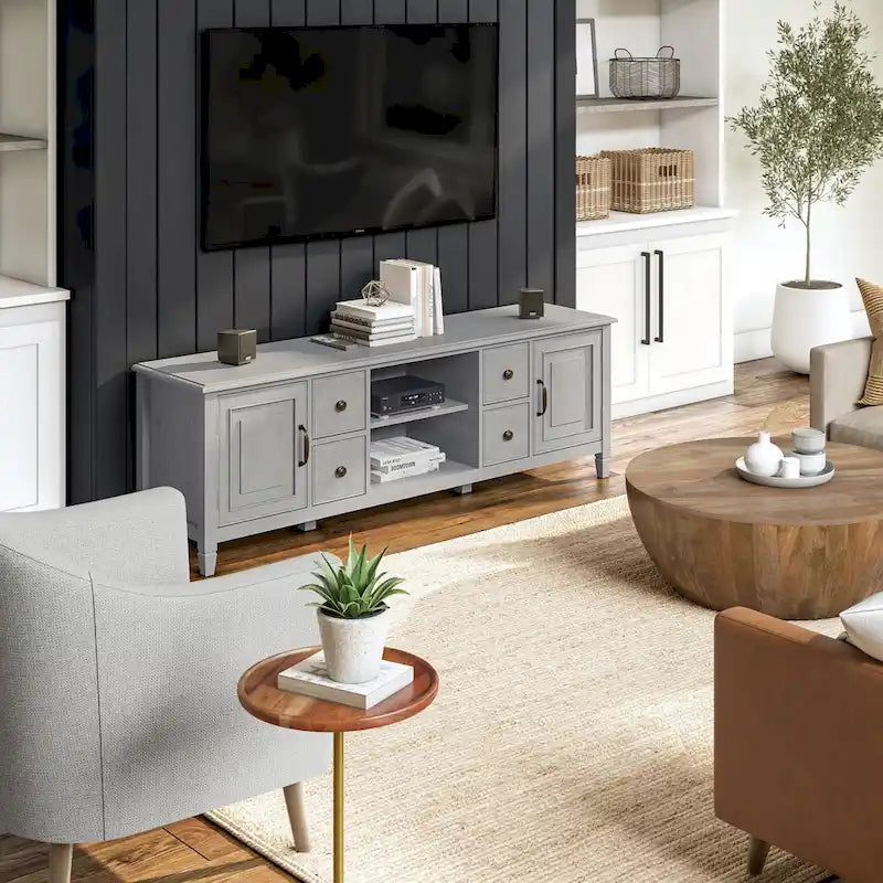 Meuble TV traditionnel en bois massif de 72 pouces pour téléviseurs jusqu'à 80", 72"L x 18"P x 24"H