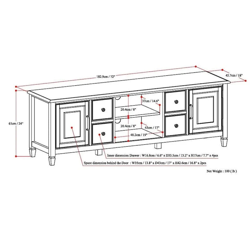 Meuble TV traditionnel en bois massif de 72 pouces pour téléviseurs jusqu'à 80", 72"L x 18"P x 24"H