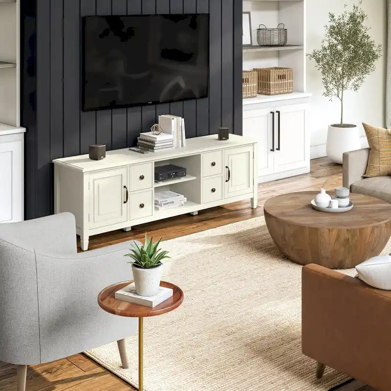 Meuble TV traditionnel en bois massif de 72 pouces pour téléviseurs jusqu'à 80", 72"L x 18"P x 24"H
