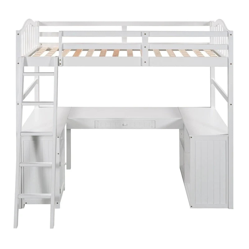 Lit mezzanine double Merax avec tiroirs, armoire, étagères et bureau