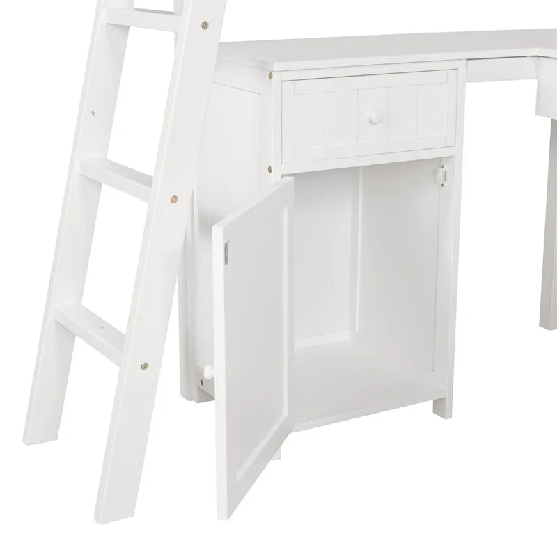 Lit mezzanine double Merax avec tiroirs, armoire, étagères et bureau