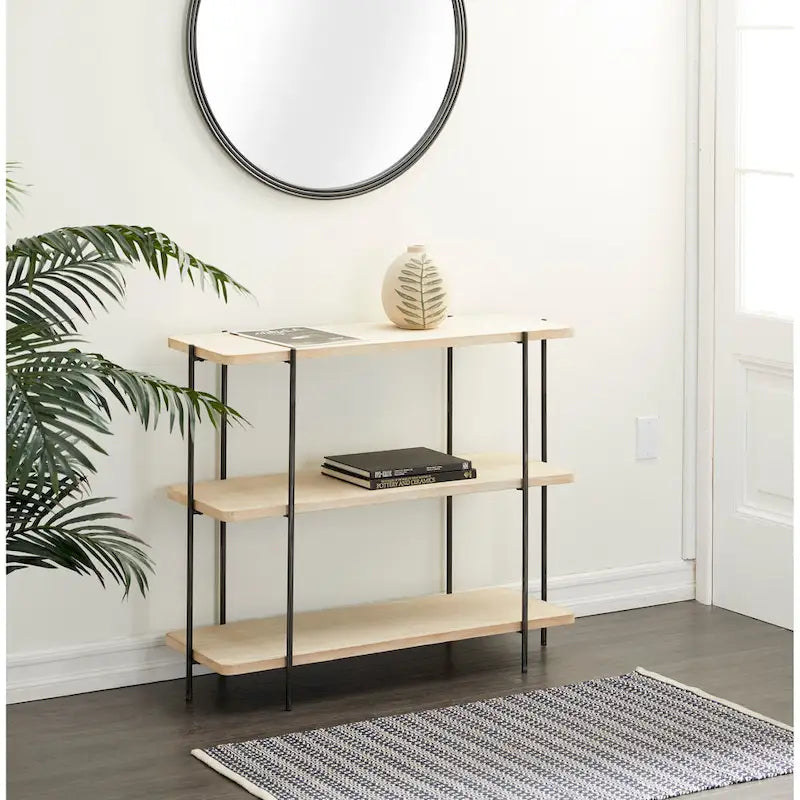 Console 2 étagères en bois, pieds fins en métal noir, beige, 35,6 cm (l) x 101,6 cm (L) x 81,3 cm (H)