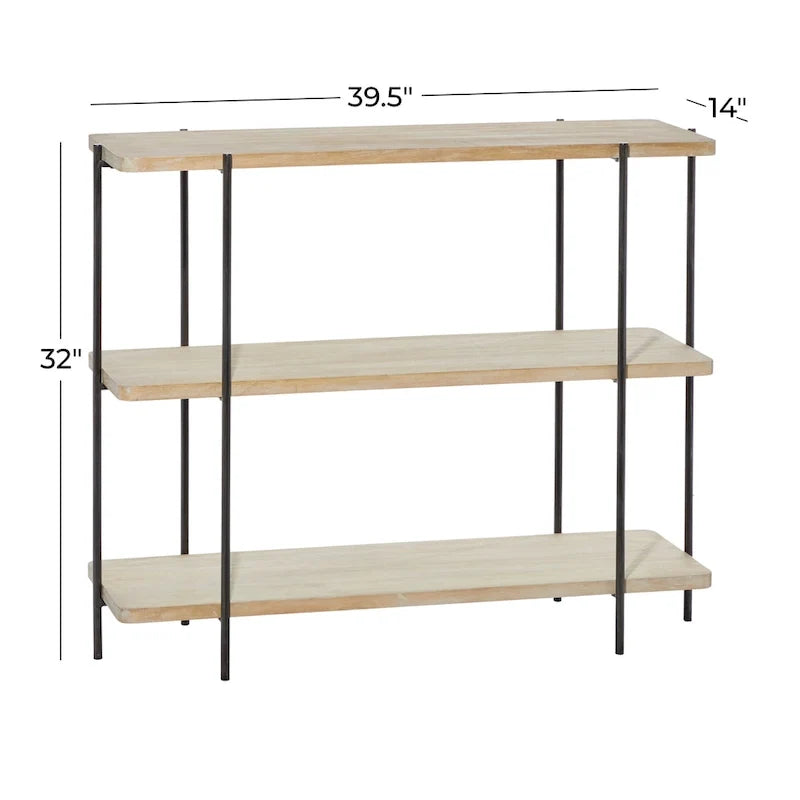 Console 2 étagères en bois, pieds fins en métal noir, beige, 35,6 cm (l) x 101,6 cm (L) x 81,3 cm (H)