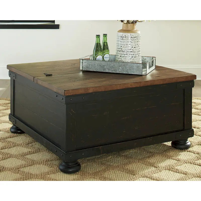 Table basse relevable carrée, bois noir et marron, 91,4 cm L x 91,4 cm P x 45,7 cm H