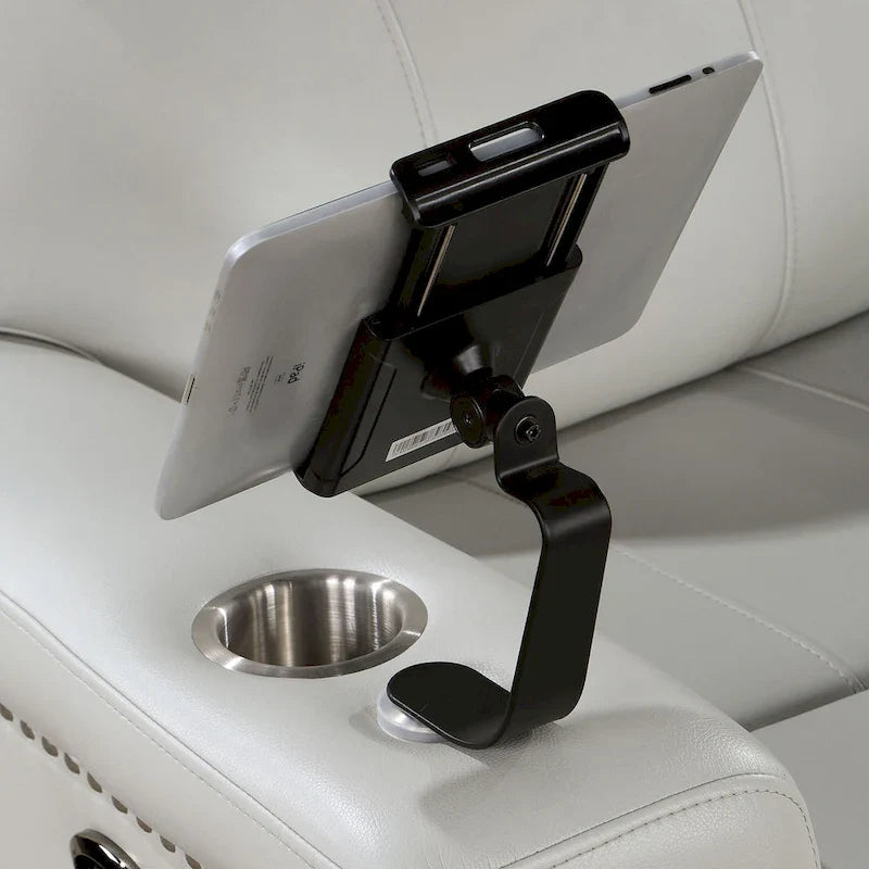Canapé inclinable électrique Etty en similicuir gris clair avec ports USB et plateau par Furniture of America