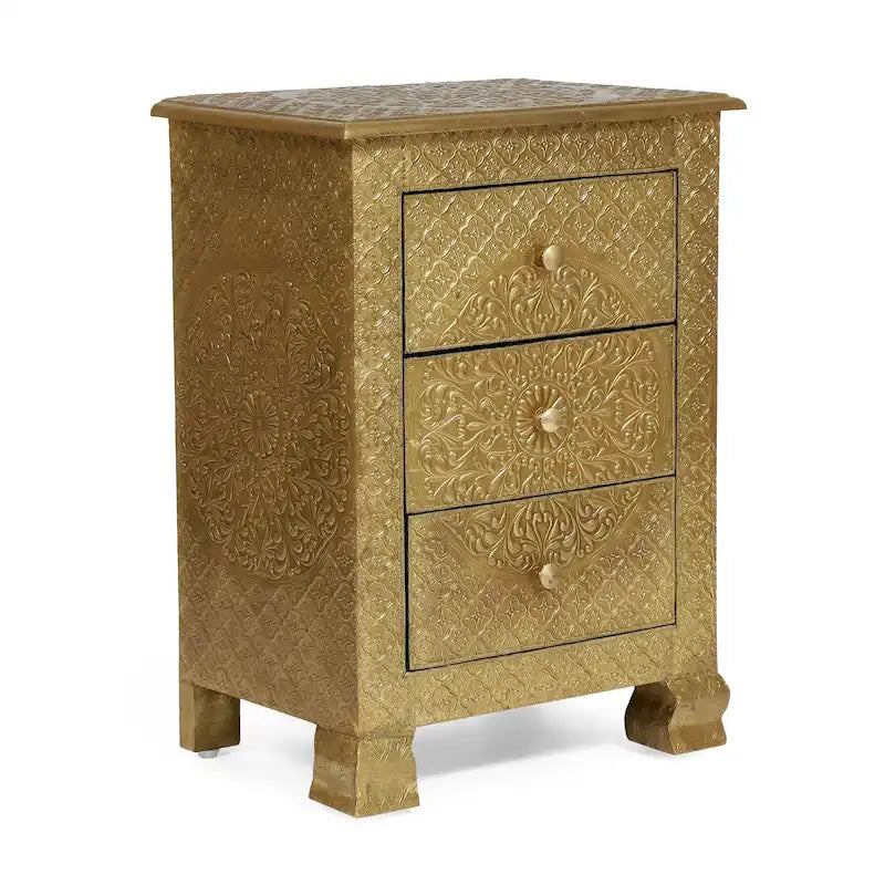 Table de chevet bohème à 3 tiroirs, fabriquée à la main, finition dorée, table d'appoint de chambre.