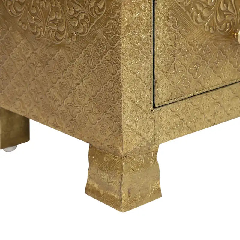 Table de chevet bohème à 3 tiroirs, fabriquée à la main, finition dorée, table d'appoint de chambre.