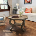 Table basse ronde en faux bois, finition naturelle vieillie et noyer, pour salon