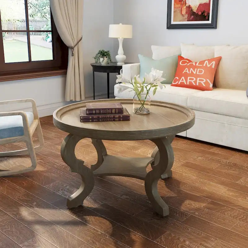 Table basse ronde en faux bois, finition naturelle vieillie et noyer, pour salon
