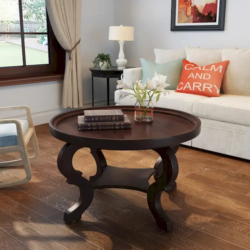 Table basse ronde en faux bois, finition naturelle vieillie et noyer, pour salon