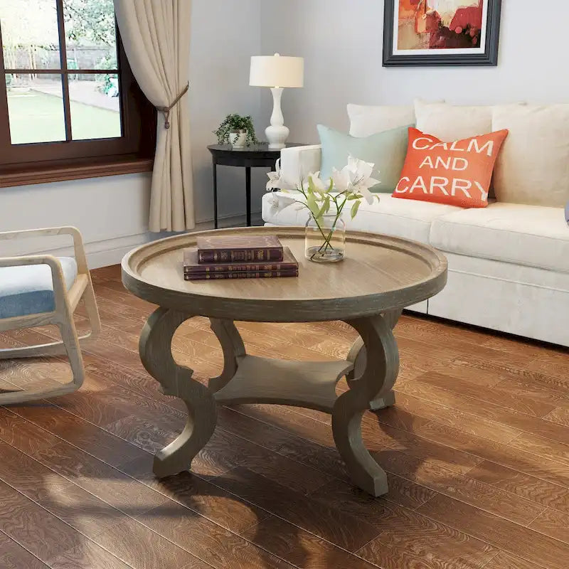Table basse ronde en faux bois, finition naturelle vieillie et noyer, pour salon