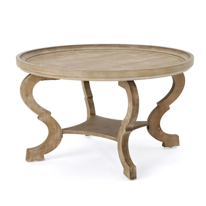 Table basse ronde en faux bois, finition naturelle vieillie et noyer, pour salon