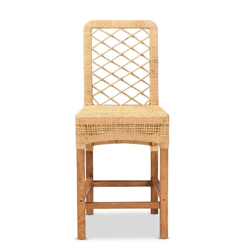 Tabouret de comptoir Moscou bohème moderne en rotin et bois naturel marron