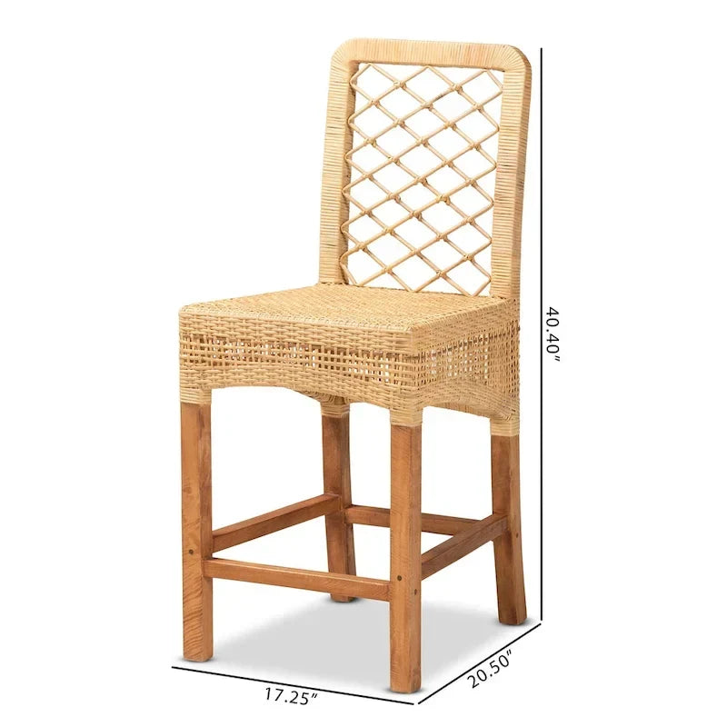 Tabouret de comptoir Moscou bohème moderne en rotin et bois naturel marron