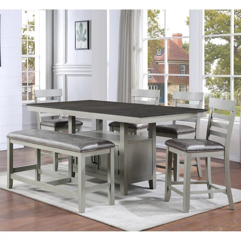 Banc de salle à manger hauteur comptoir, assise rembourrée gris pierre, cadre en bois massif