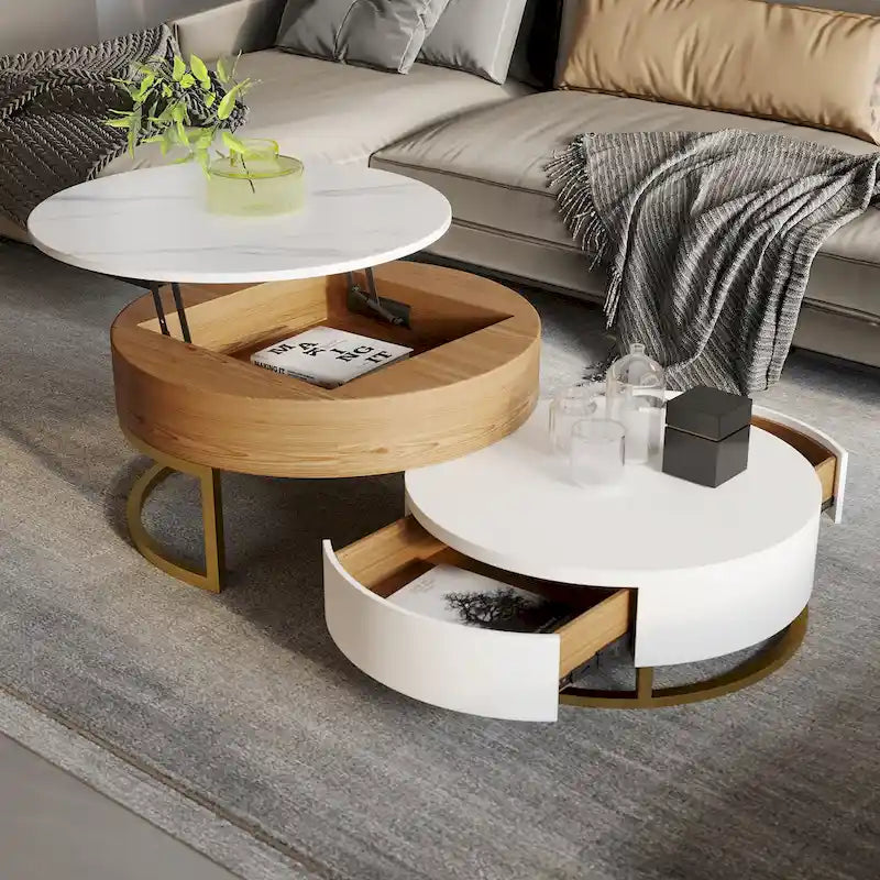 Lift-Top Round Coffee Table Set of 2 with Storage, 2 Pinewood Drawers, Swivel Tabletop, Nesting Design